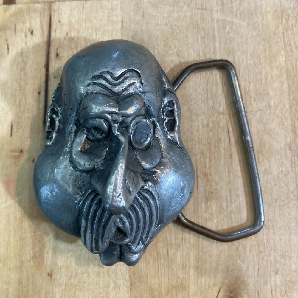 Face belt buckle bald man monocle Vintage pewter Indiana Metal Craft